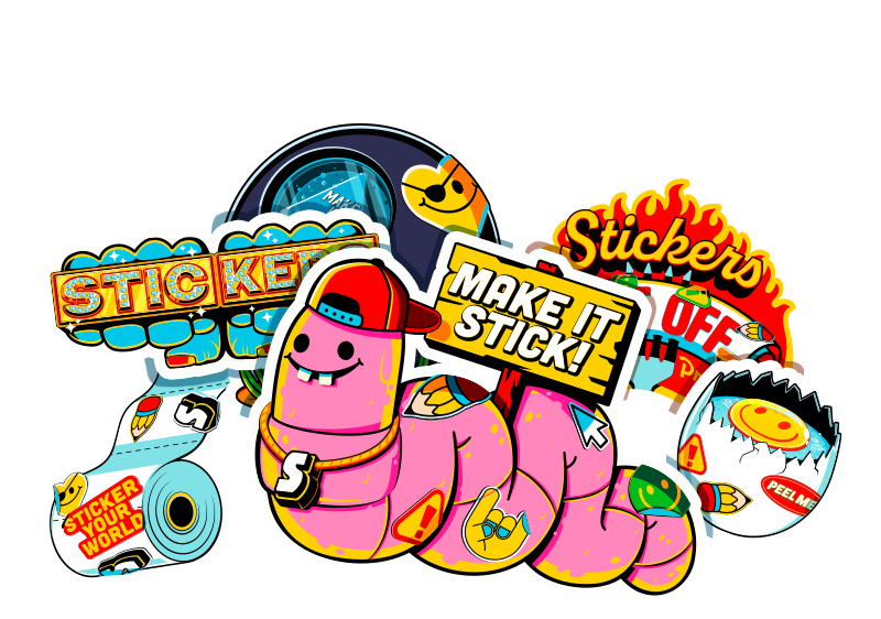 "Make it stick!"の看板を持つピンクのイモムシなど、カラフルなオリジナルダイカットステッカー